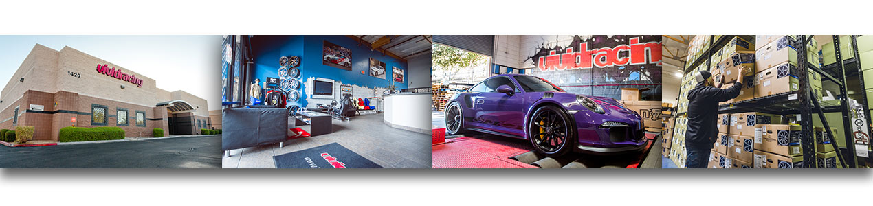 Vivid Racing automotive performance company showcasing facility exterior, showroom interior, purple Porsche 911 on lift, and warehouse inventory storage